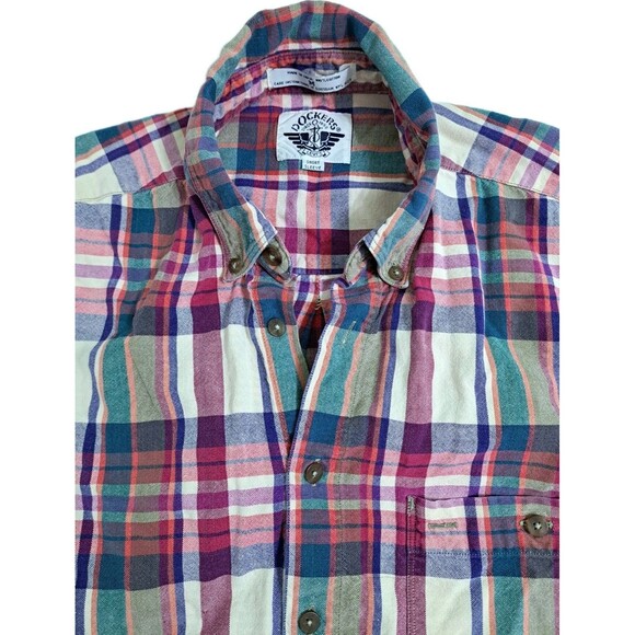 Dockers Men's Madras Plaid Short Sleeve Button Up Shirt Red Green Purple Vintage - Picture 2 of 7